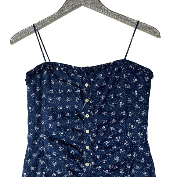 Vintage Ralph Lauren Dark Blue Floral Print Spaghetti Strap Button Front Dress - Picture 3 of 6